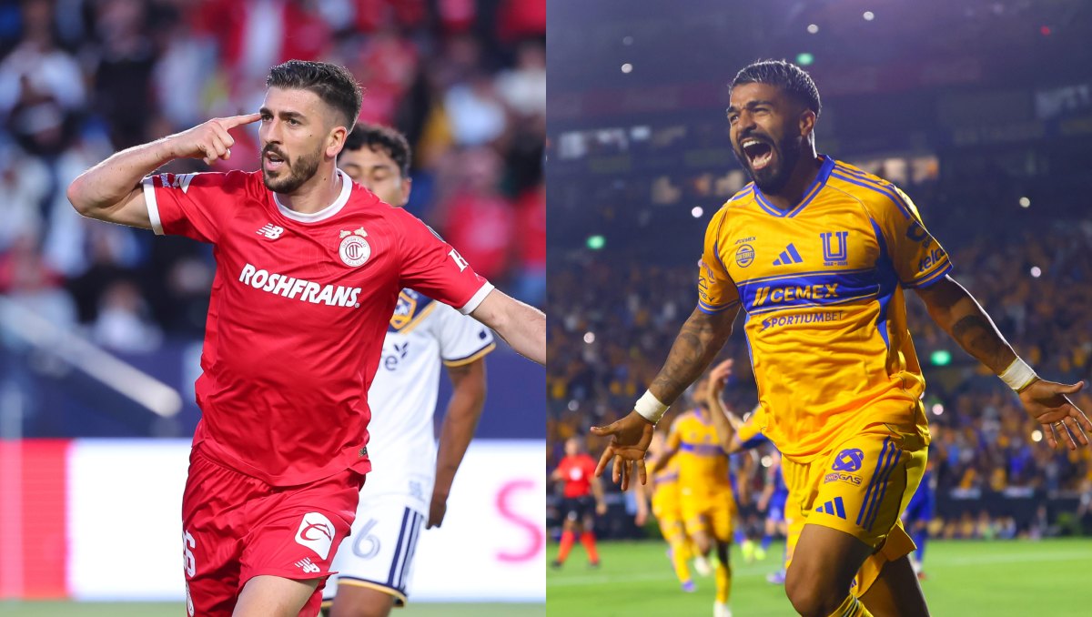 Paulinho., de Toluca, y Rodrigo Aguirre, de Tigres (Imago7)