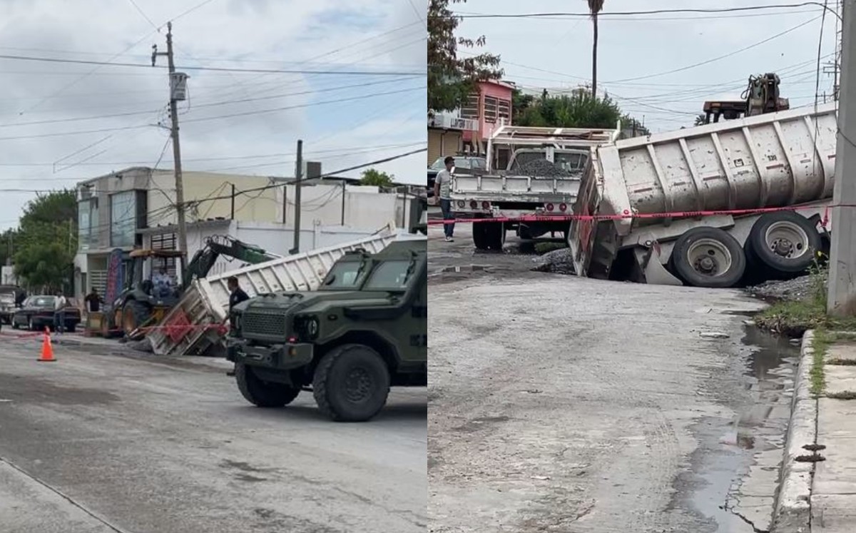 Camión de carga se hunde y cierran calle en Reynosa