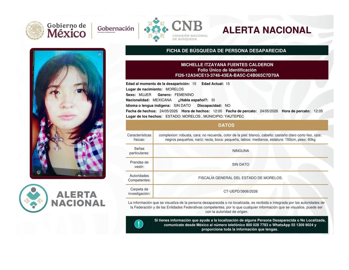 Michelle Itzayana Fuentes Calderón desapareció en Yautepec el 24 de mayo de 2026. | Foto: Especial