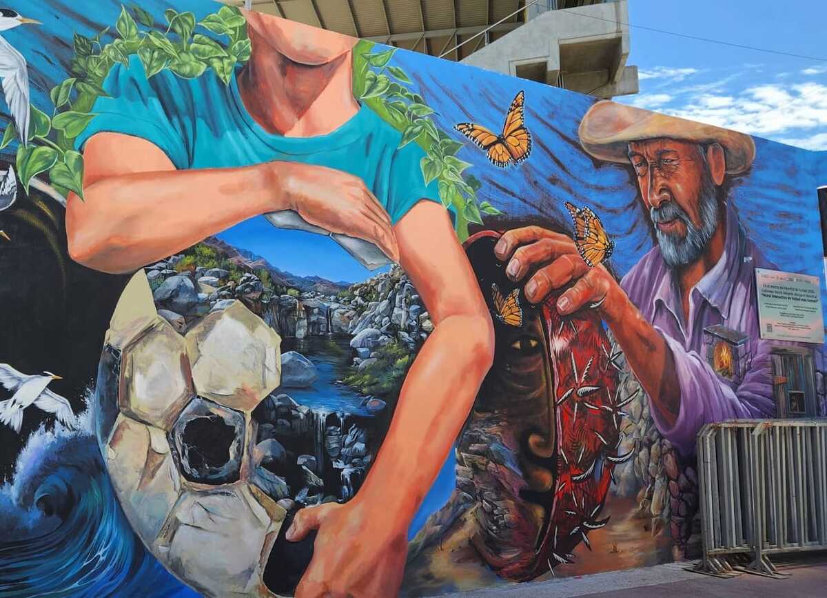 La colosal obra artística, que combina la pasión por el balompié con las raíces sudcalifornianas. | Foto: Shisell Morales