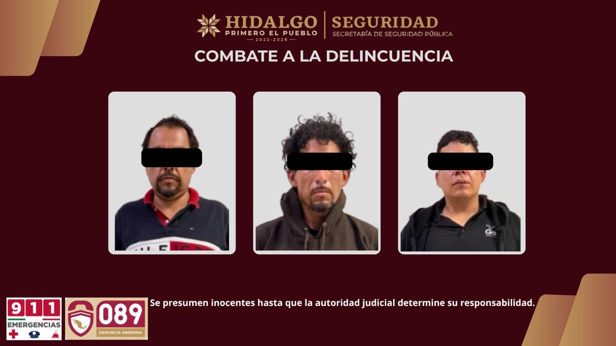 Caen tres con droga, arma y camioneta robada en Tezontepec de Aldama. (Cortesía)
