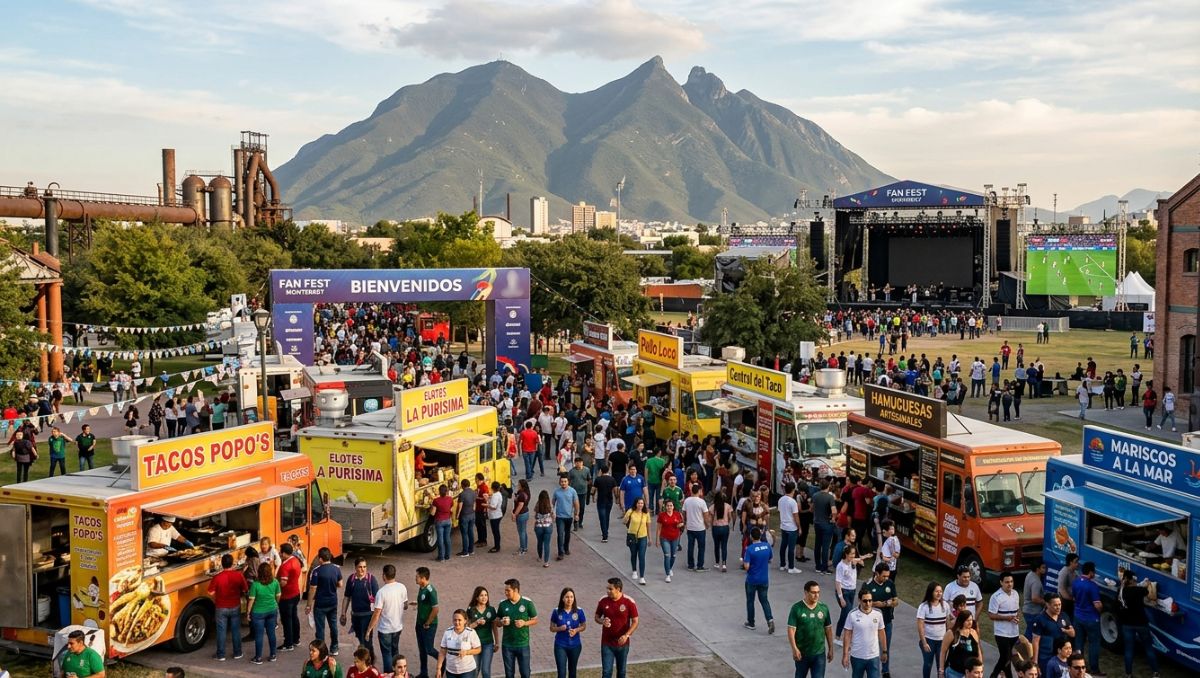 Música, comida y partidos de fútbol se podrán disfrutar en el Fan Fest de Monterrey. | Imagen generada con IA