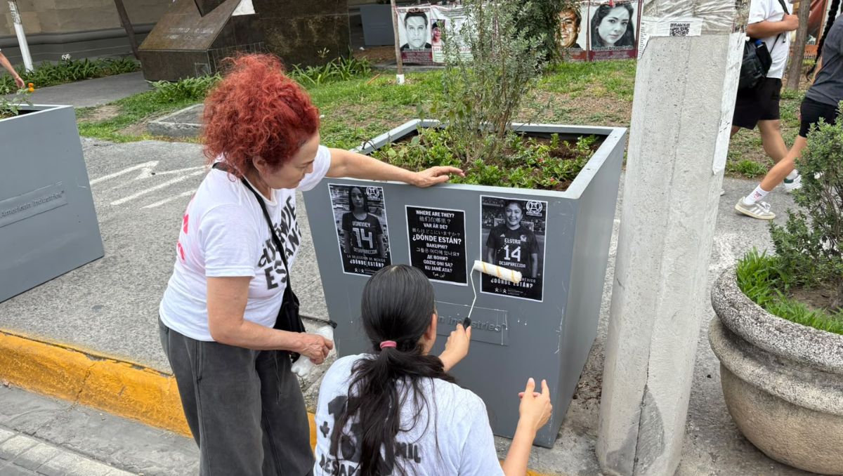 Integrantes del colectivo colocaron fichas de búsqueda en los maceteros instalados por el Gobierno de NL. | Pedro Delgado