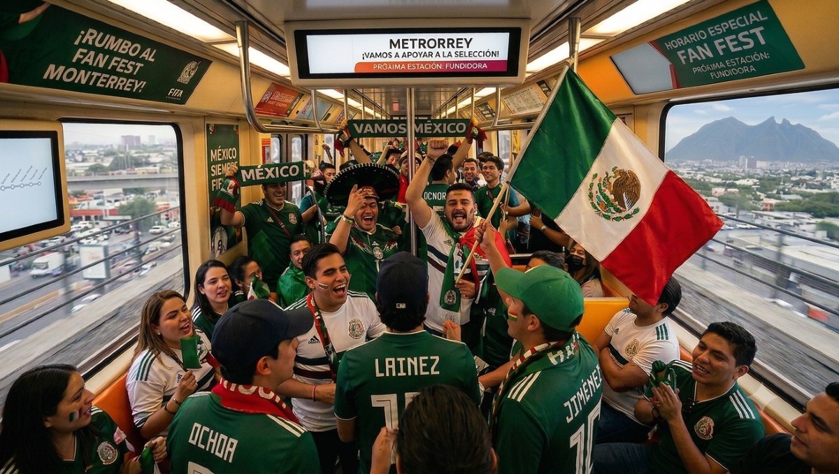 El servicio del Metro en Monterrey tendrá algunas modificaciones en el horario debido al Fan Fest en Parque Fundidora. | Imagen generada con IA