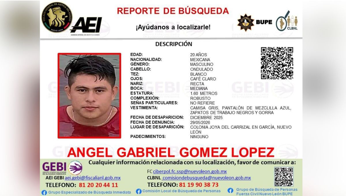 Emiten ficha de búsqueda para localizar a Ángel Gabriel Gómez López. | Especial