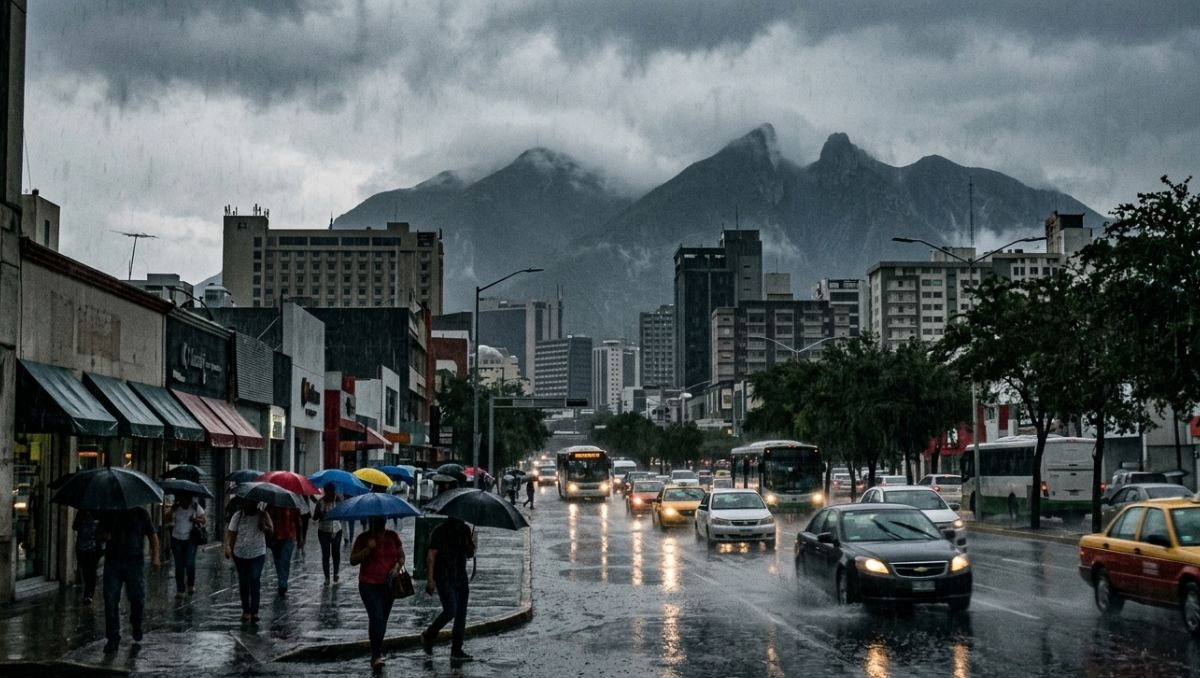 Se pronostican lluvias y tormentas fuertes para esta jornada en Monterrey. | Imagen generada con IA