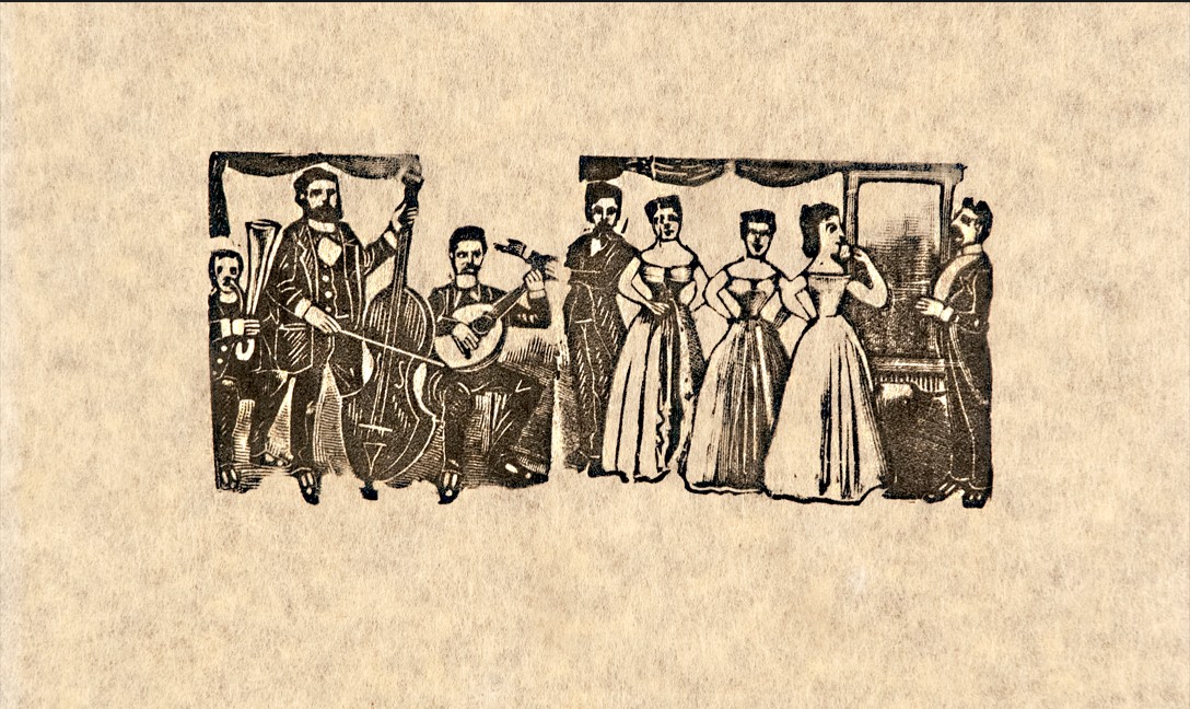 "Canción alegre del baile (Los 41 corrido)", este grabado alude a la fiesta de 1901 en la que había hombres vestidos como mujeres. (Imagen: Inbal)