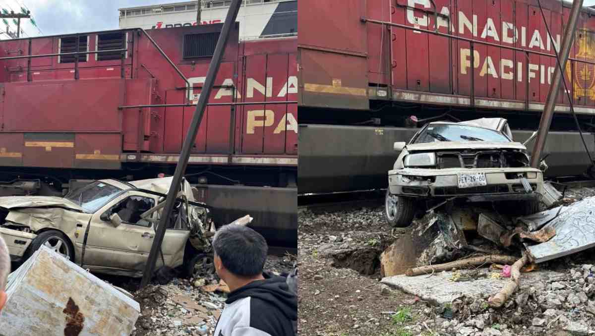 El choque entre un automóvil y un tren ocurrió la tarde de este miércoles en el municipio de Ecatepec. Foto: Especial