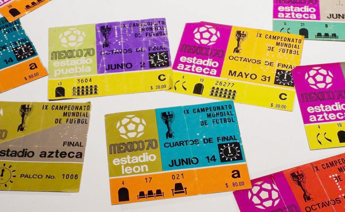 Boletos del mundial México 70 en la exposición ‘Fútbol: Diseñando una pasión’. (Museo Franz Mayer)