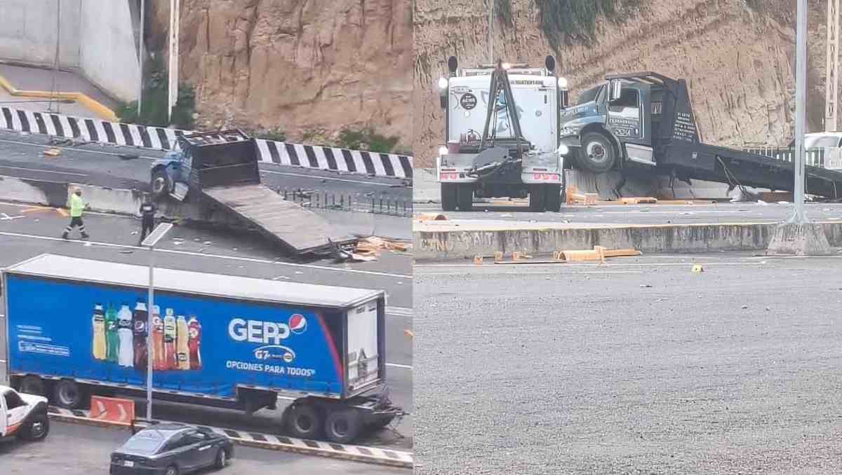 Un camión con plataforma chocó contra la caseta de la autopista Naucalpan-Toluca tras una falla en los frenos. Foto: Redes Sociales (Alexis Rivera)