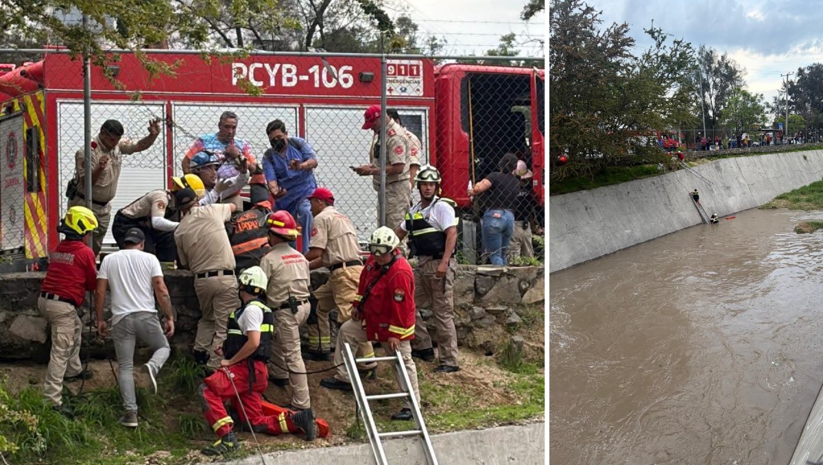 Bomberos de Zapopan lograron poner a salvo a las personas que fueron arrastradas por el agua en el canal de Patria (Tomadas de x.com/UMPCyBZ)