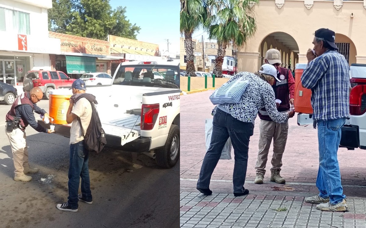 Adultos mayores aprovechan para hidratarse durante jornadas en Nuevo Laredo. | Foto: Dirección de Protección Civil y Bomberos NLD