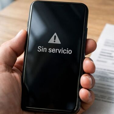 Una mano sostiene un teléfono inteligente cuya pantalla está completamente apagada y refleja un mensaje con una advertencia 'Sin servicio'.