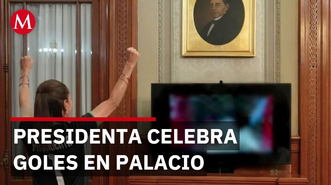 Presidenta Sheinbaum celebra gol en Palacio Nacional con su esposo durante partido