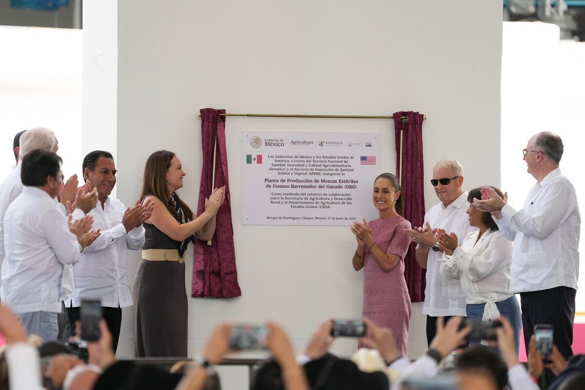 Sheinbaum y funcionarios inauguraron planta vs gusano barrenador. | X (@Claudiashein)