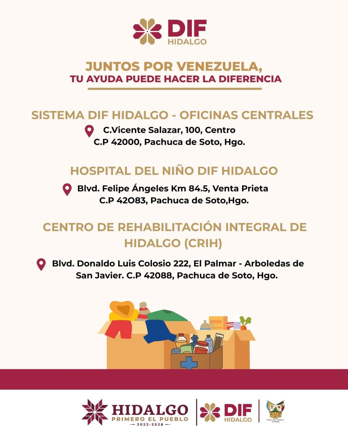 Hidalgo abre tres centros de acopio para reunir ayuda humanitaria destinada a Venezuela. (DIFH)