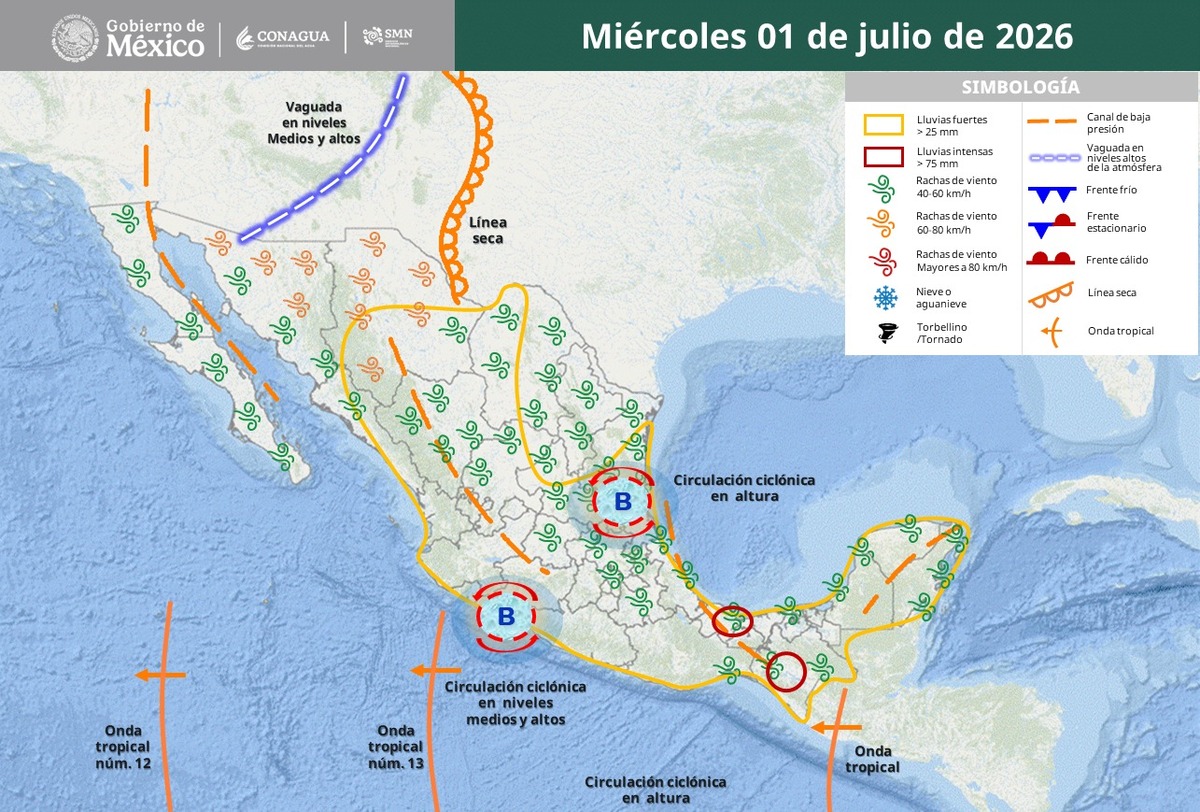 Onda Tropical número 13 en México el 1 de julio de 2026 | SMN Conagua