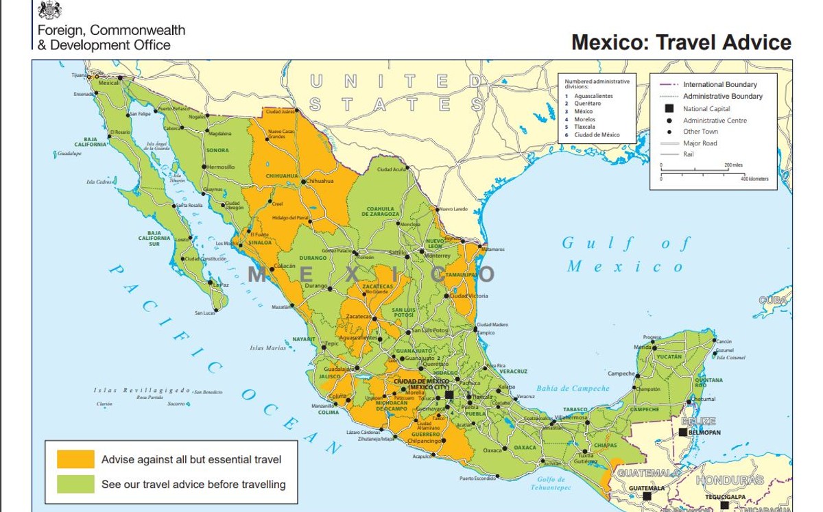Mapa de México con estados señalados con alerta de viaje por parte de la FCDO. | Página web: Gov.uk