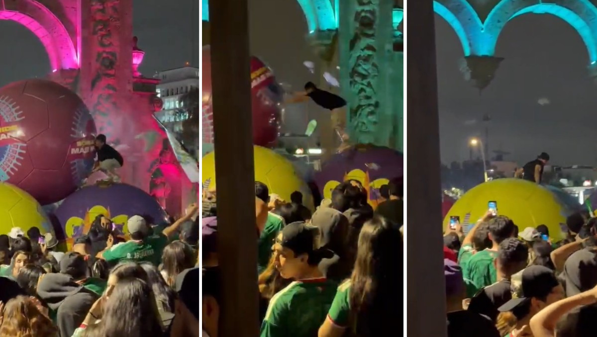 Video muestra momento en que hombre derriba balón monumental en el Centro de Zapopan (Captura video en redes sociales)