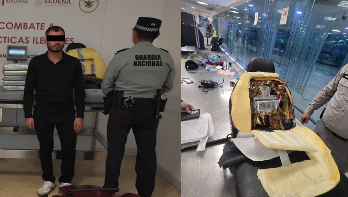 Cae en el aeropuerto de Cancún pasajero con 12 kilos de cocaína ocultos en silla de ruedas. | Foto: Especial