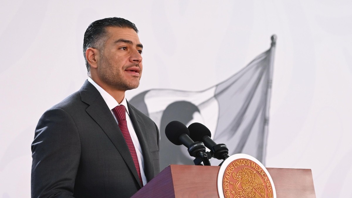 Omar García Harfuch en La Mañanera del Pueblo desde Michoacán. | Foto: Juan Carlos Bautista