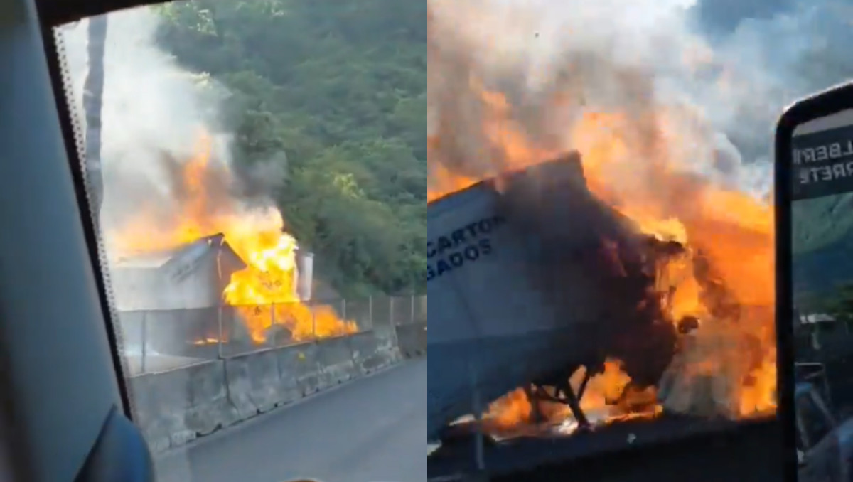 Tráiler en llamas moviliza a autoridades en la México-Tuxpan | Cortesía: @antonioaranda_