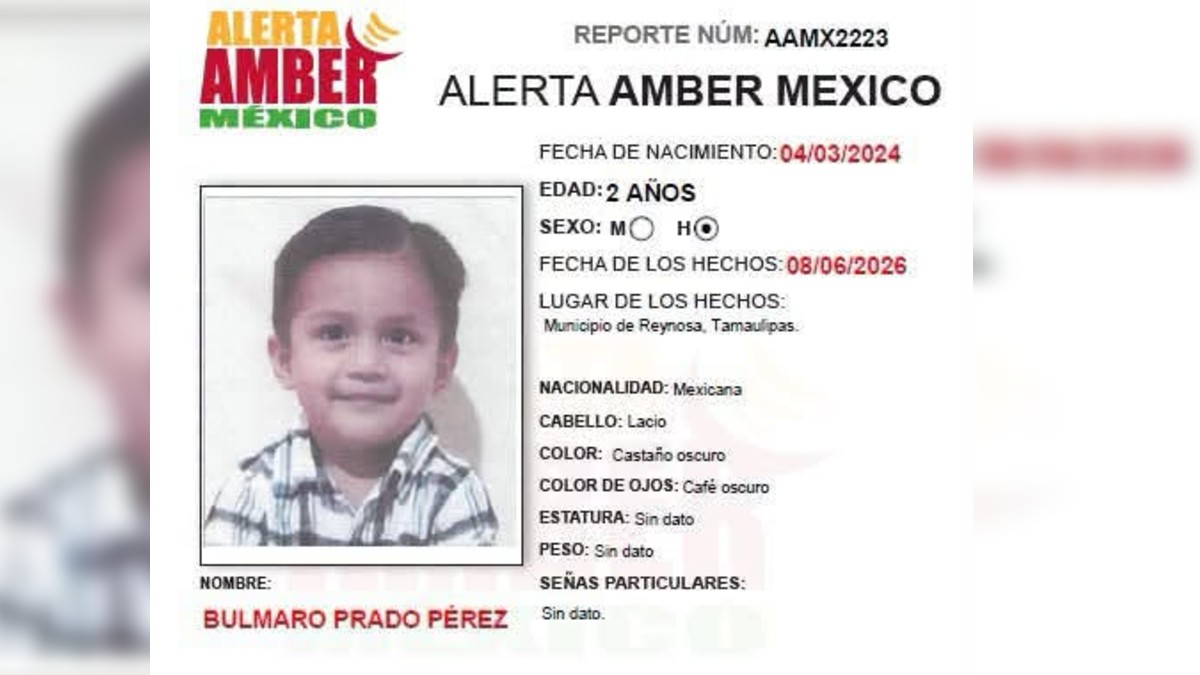 La Fiscalía General de Justicia de Tamaulipas emitió una Alerta Amber para localizar al menor Bulmaro Prado Pérez, desaparecido en Reynosa.