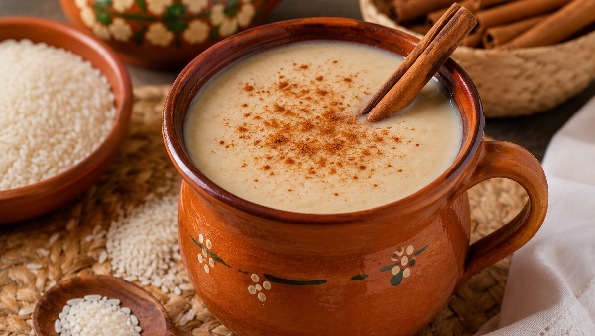 Imagen ilustrativa de atole de arroz con leche cremoso (IA)