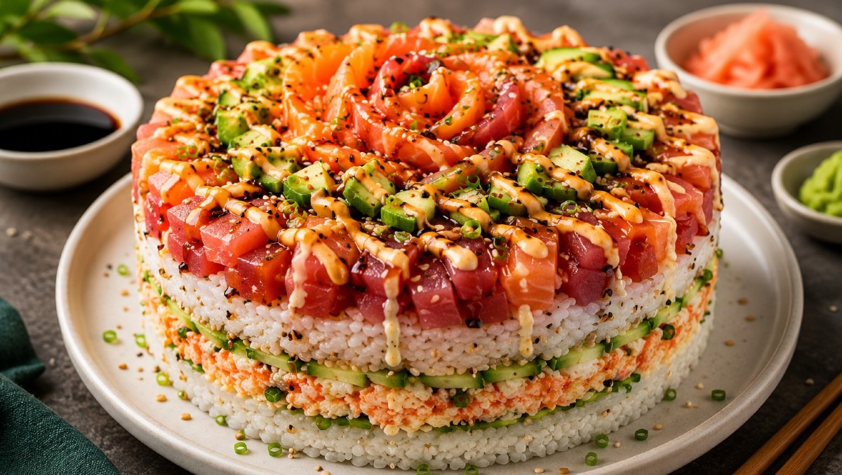 Imagen ilustrativa de un pastel de sushi (IA)