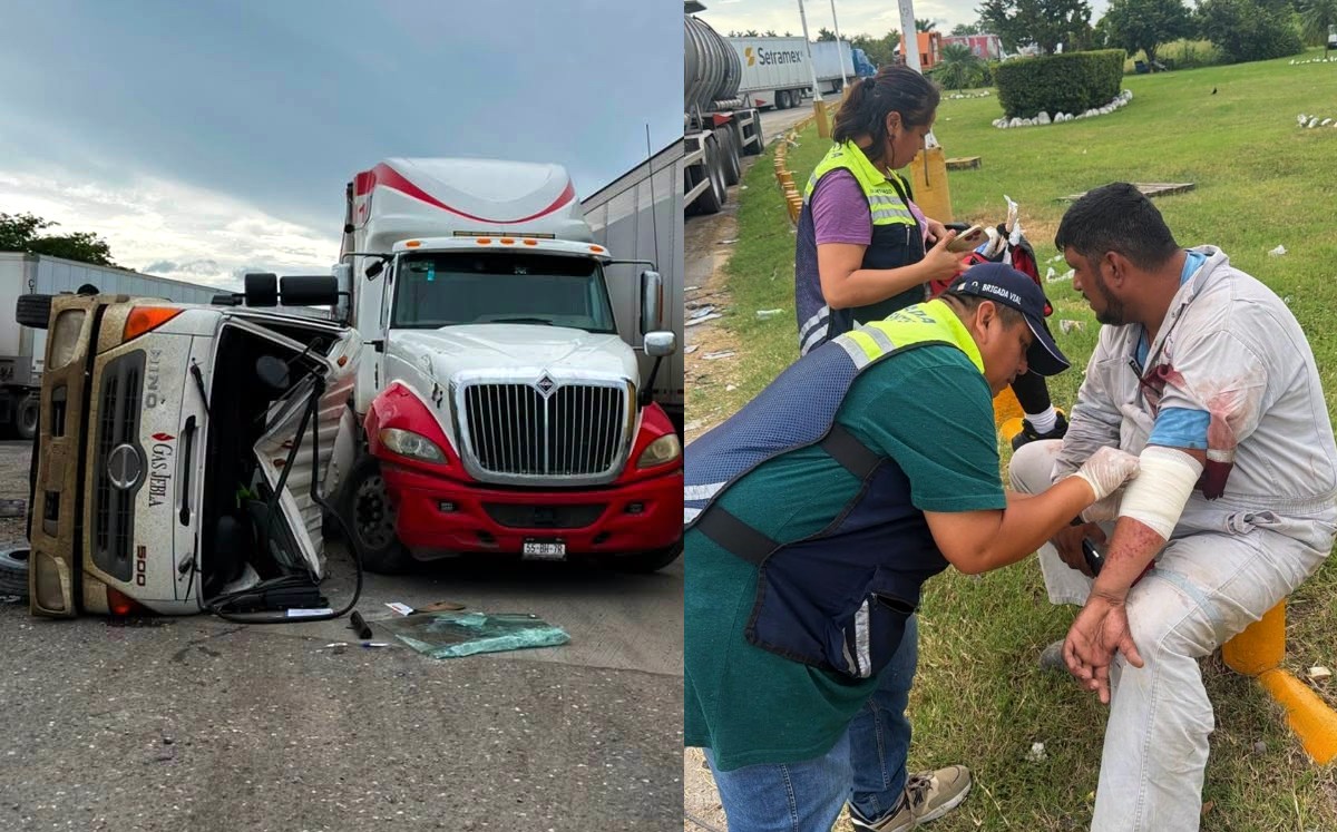 Vuelca camioneta que cargaba gas | Foto: Brigada de Voluntarios En Accidentes Viales