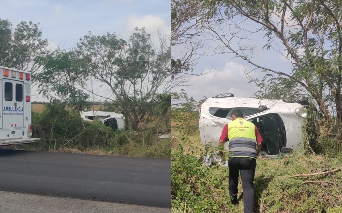 El vehículo quedó fuera de la carretera tras la volcadura. | Vocería de Seguridad de Tamaulipas
