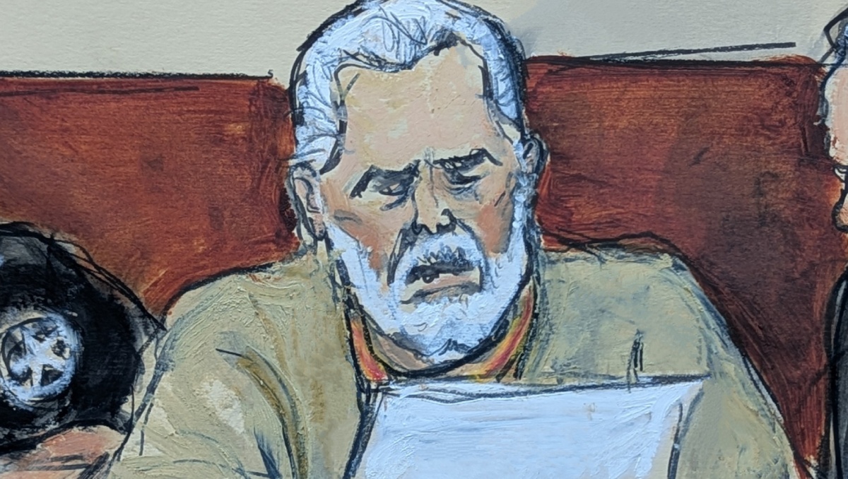 Ilustración de 'El Mayo' Zambada durante la audiencia en la que fue sentenciado a prisión de por vida | Foto: AP