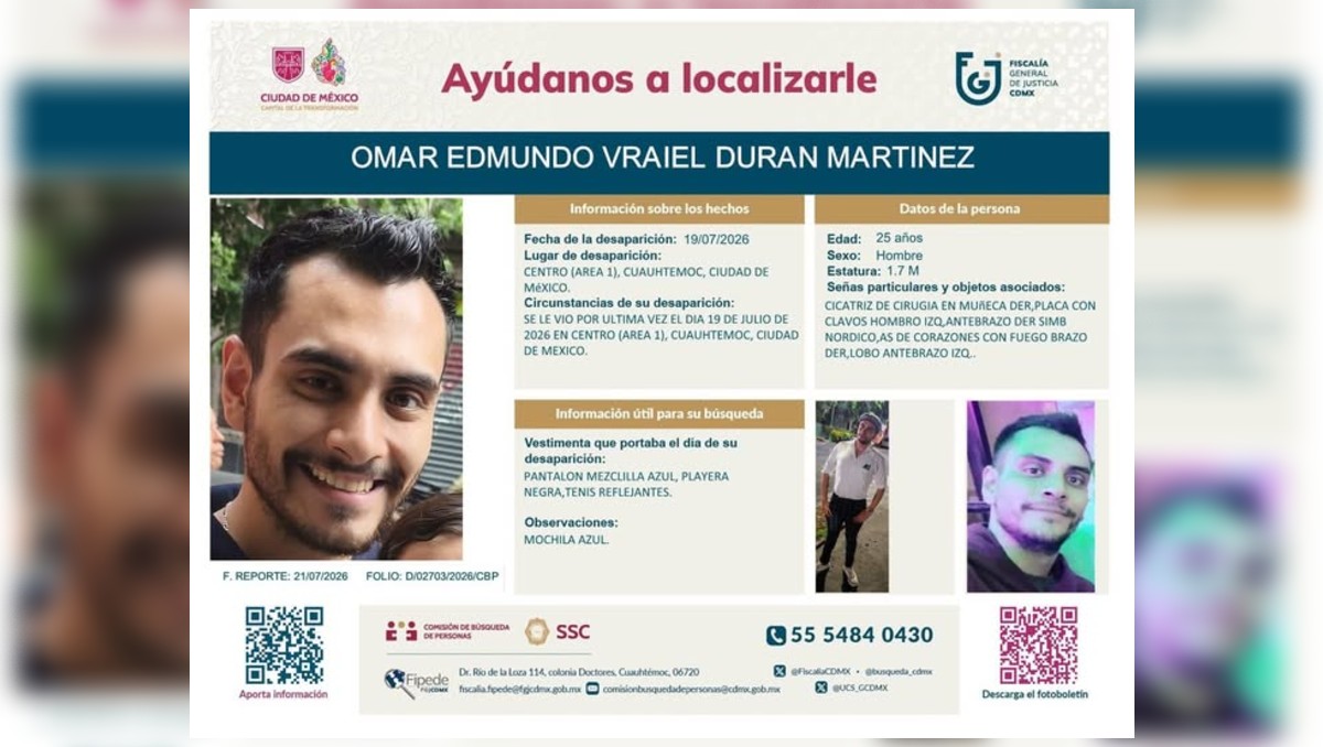 Buscan a Omar Durán, desapareció en CdMx. | ESPECIAL