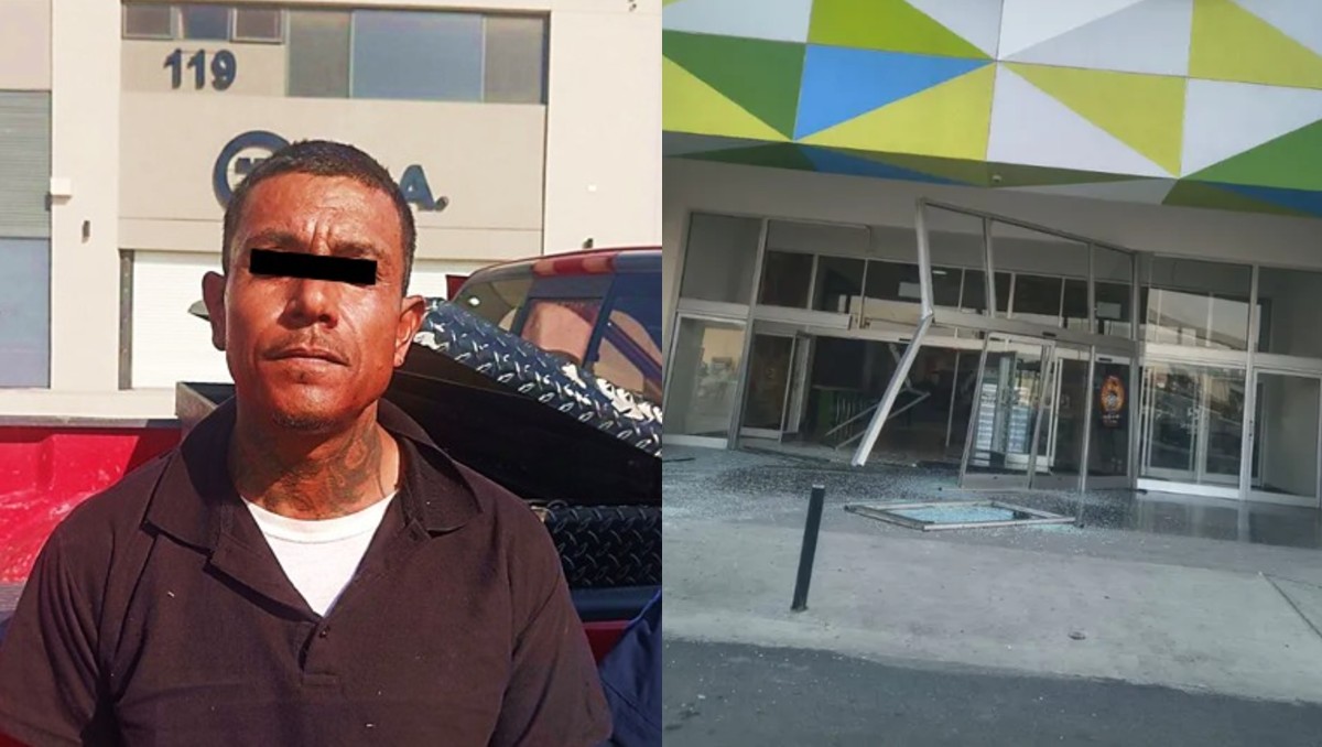 Al ingresar con su pick up a la plaza comercial derribó dos puertas principales de vidrio y aluminio. | Especial