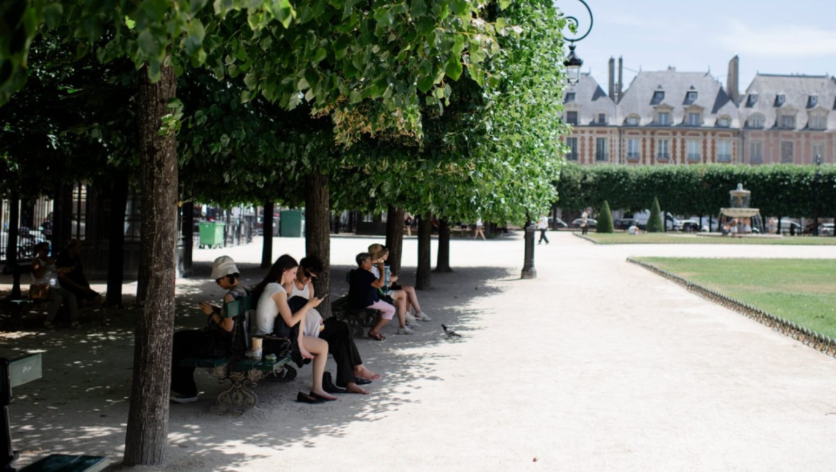 Buscando sombra en la Place des Vosges de París durante la ola de calor de junio | Foto: The New York Times