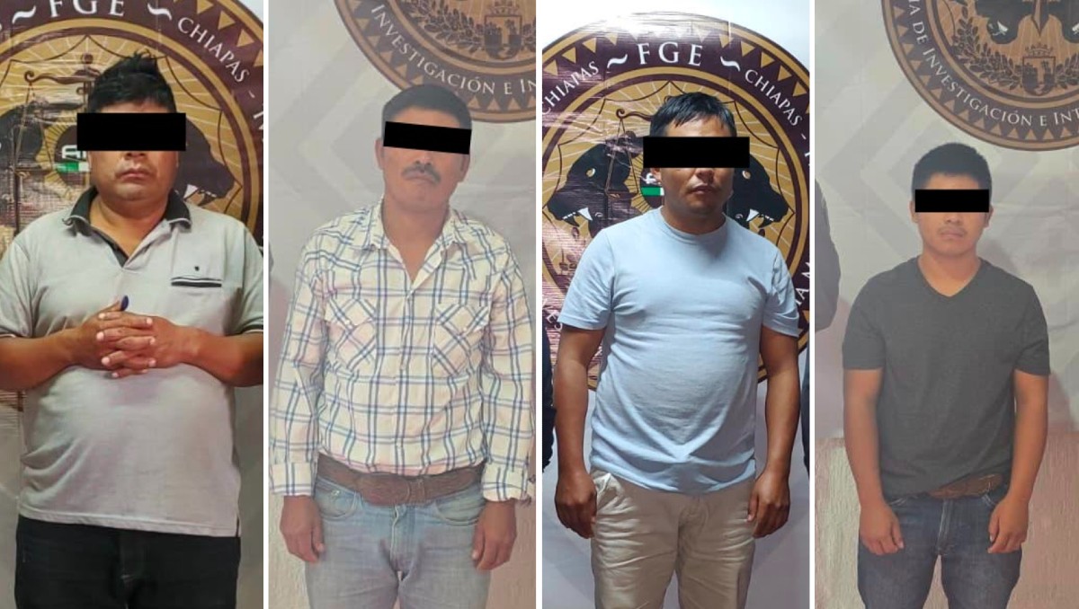 Detenidos por el caso de abuso sexual infantil en Sabanilla (de izquierda a derecha): Octavio, Aurelio, Fernando y Gabino. | Foto: SSP de Chiapas