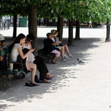 Buscando sombra en la Place des Vosges de París durante la ola de calor de junio.