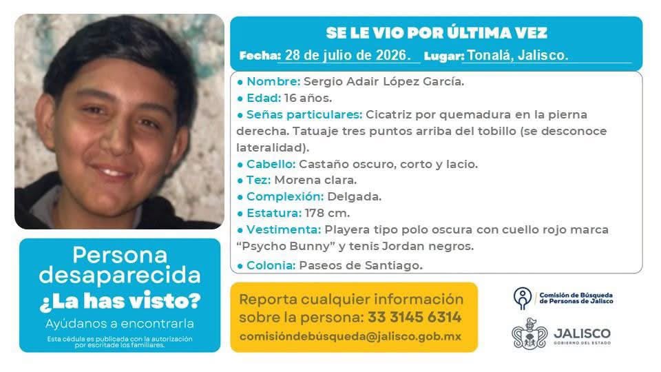 Ficha de búsqueda de Sergio Aldair López. (Cortesía Fiscalía de Jalisco)