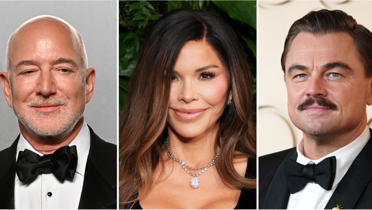 Jeff Bezos, Lauren Sanchez Bezos (esposa) , y Leonardo DiCaprio. | AP