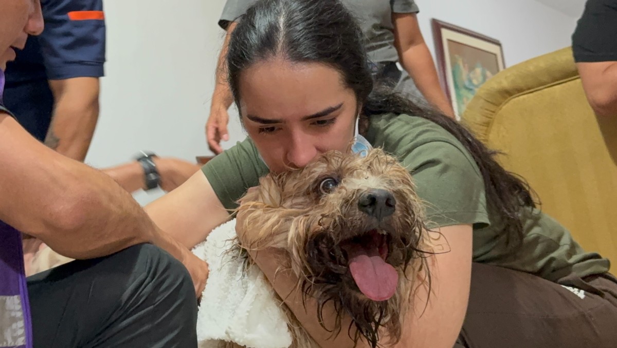 Camila Sepúlveda abraza a su perro Antonio, rescatado con vida a más de nueve metros de profundidad. | EFE