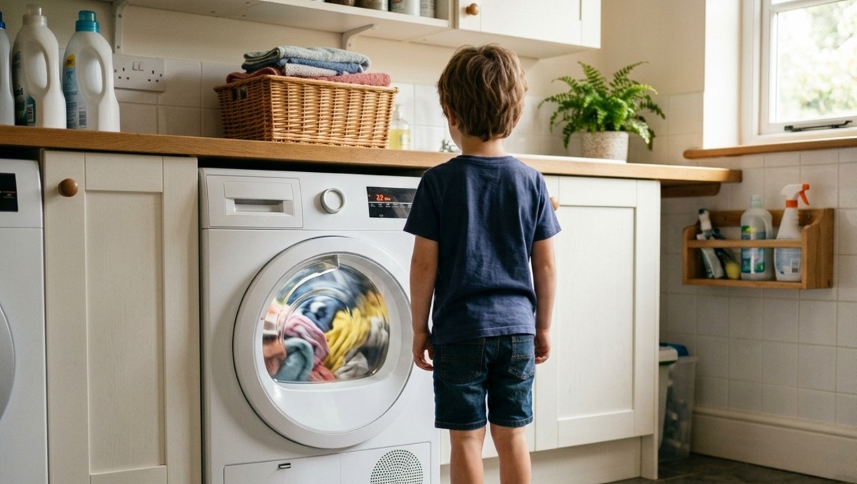 Imagen de referencia de un menor de edad frente a una secadora. | FOTO: MILENIO IA