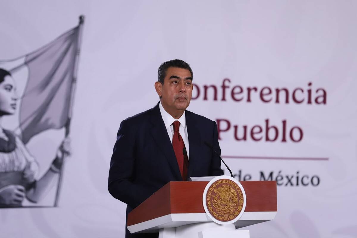 Sergio Salomón Céspedes durante la Mañanera del Pueblo de Claudia Sheinbaum. | Octavio Hoyos
