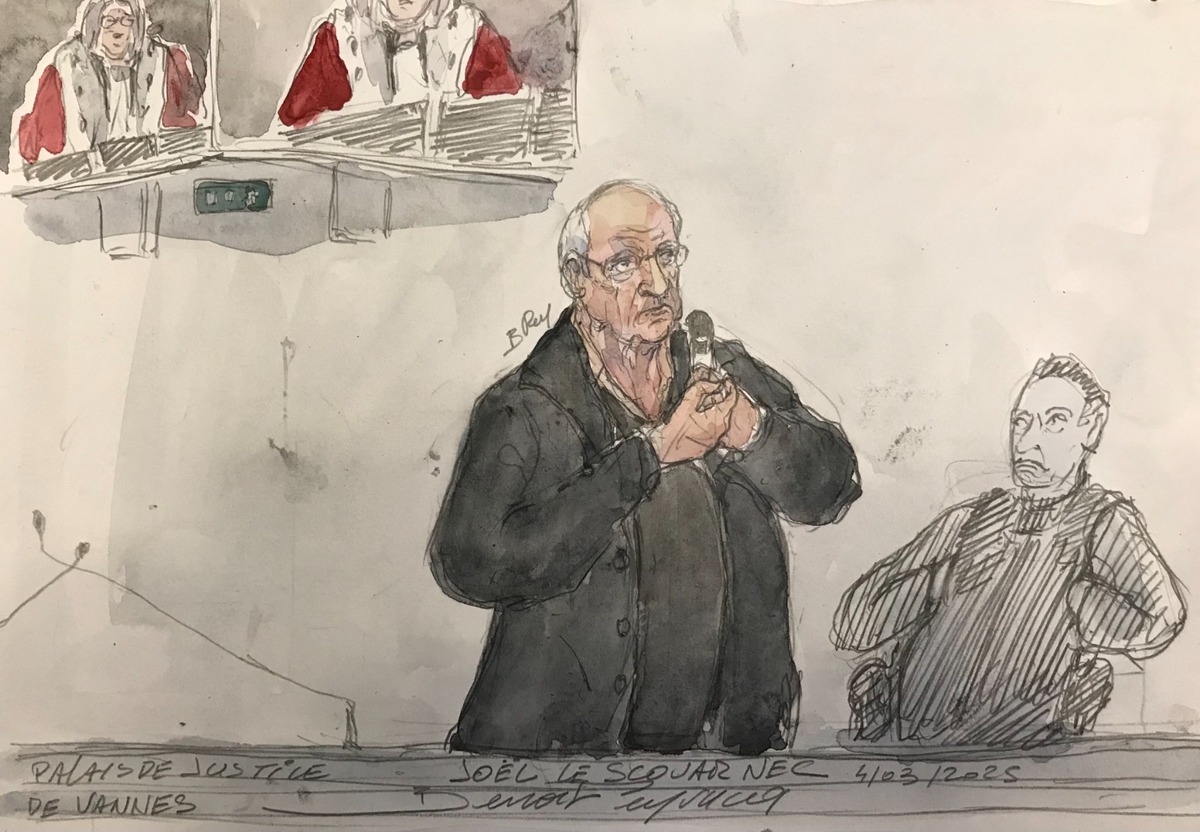 Este boceto judicial, realizado el 4 de marzo de 2025, muestra al cirujano francés jubilado Joel Le Scouarnec (C). | AFP