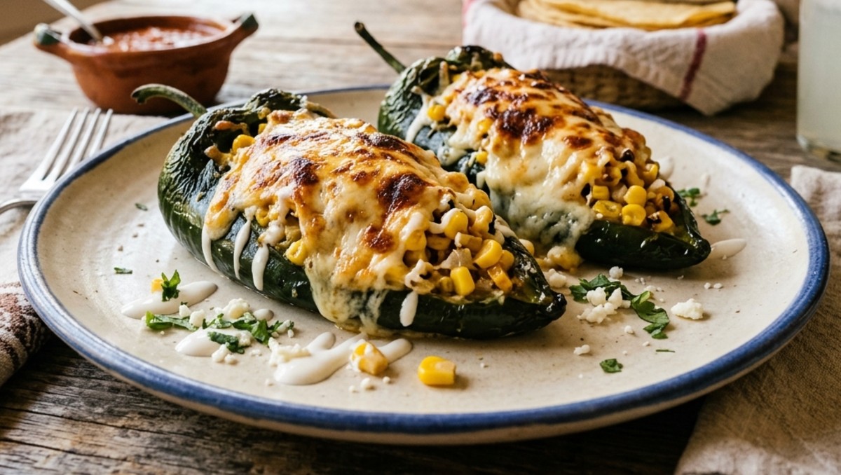 Ingredientes para preparar chiles poblanos rellenos de elote con queso. | IA