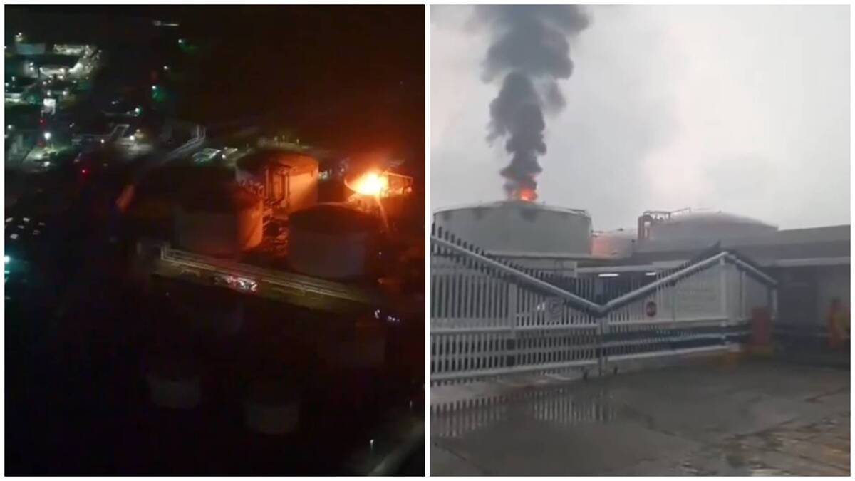 La caída de un rayo durante la tormenta eléctrica derivó en el incendio al interior de la terminal de Pemex en Veracruz. | Foto: Captura de pantalla