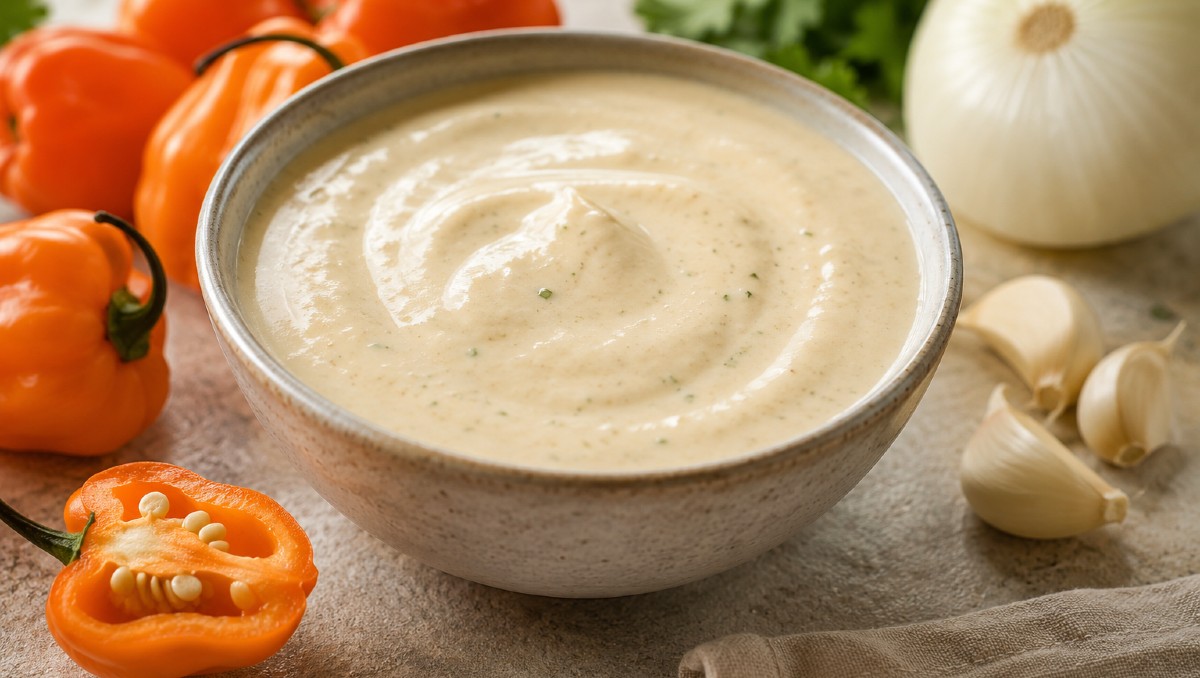 Ingredientes para hacer una salsa blanca de chile habanero (IA)