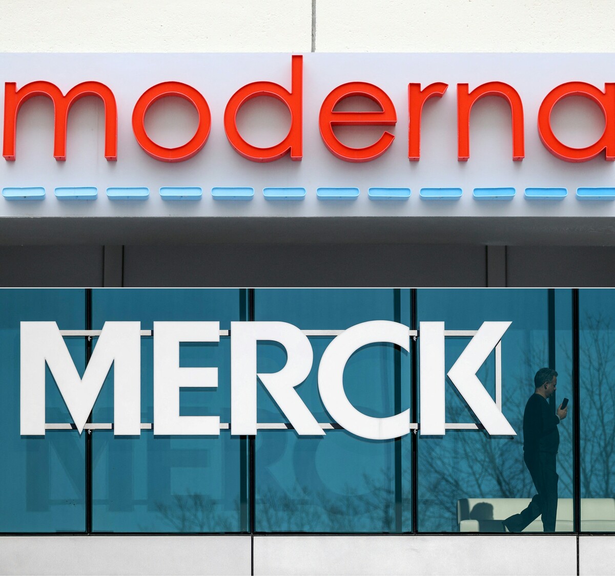 Logotipo de Moderna en su sede en Cambridge, Massachusetts, y el logotipo de Merck en Rahway. | AFP