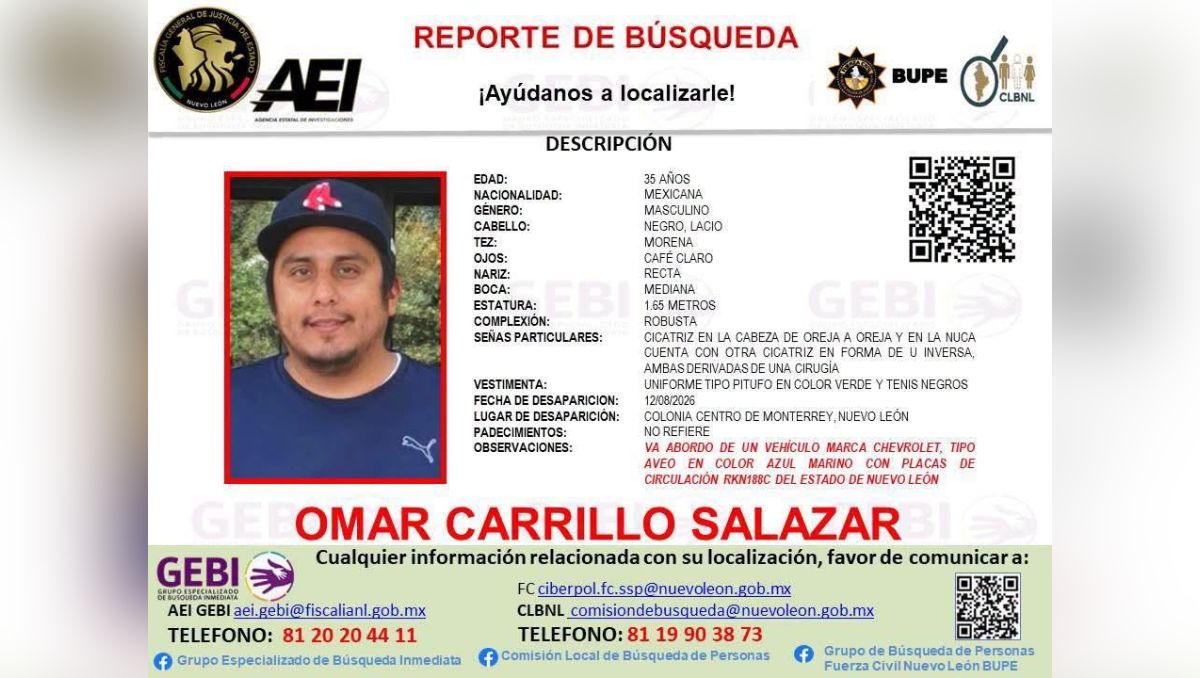 Activan ficha de búsqueda para localizar a Omar Carrillo Salazar. | Especial