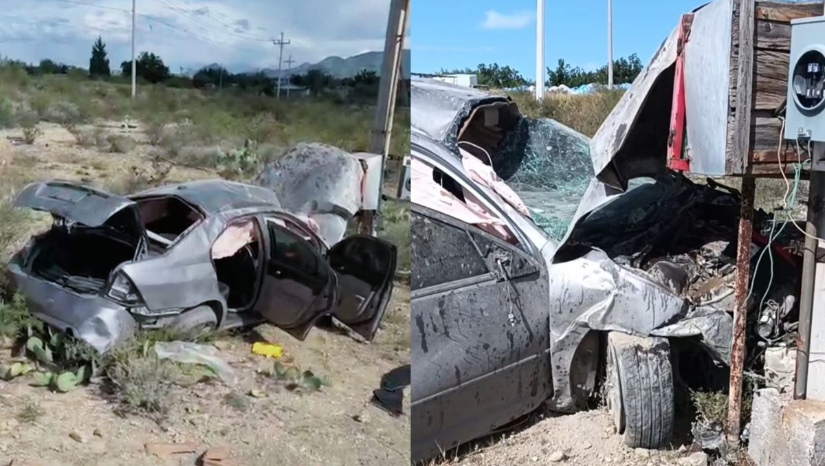 Auto queda destrozado tras volcar y chocar contra poste en carretera de Parras. | Damián Ramírez