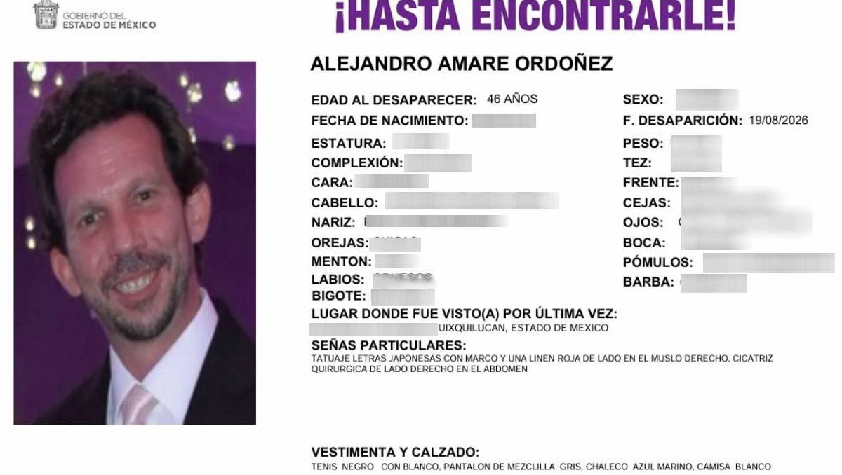 Autoridades del Edomex buscan a Alejandro Amare, de 46 años, quien desapareció tras salir de su domicilio en Huixquilucan. | Foto: Especial